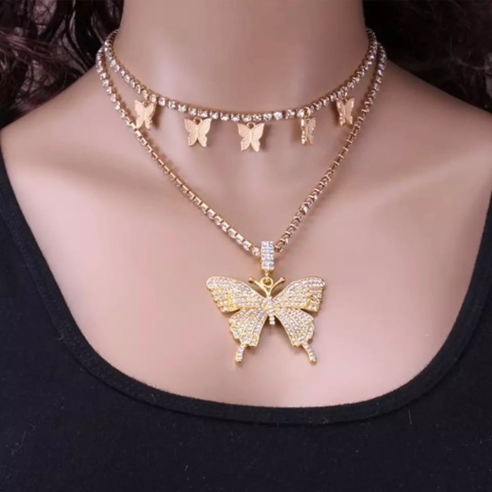 HP🦋STUNNING RHINESTONE BUTTERFLY GOLD CHOKER 2 PIECE SET‎ - Picture 9 of 13